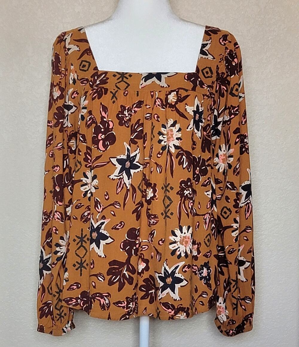 Boho SONOMA Square Neck Floral Print Peasant Long Sleeve Blouse Women's Size L